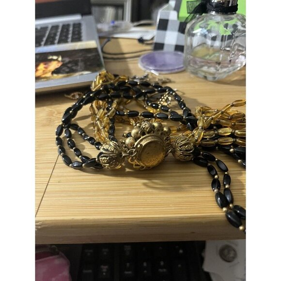 Vintage 16" Iridescent Black and Gold Glass Beads Braided Multi Strand Necklace - Picture 3 of 5